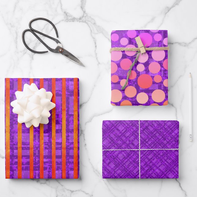 Hoja De Papel De Regalo Púrpura, Rosa, Naranja, Rayas, Tapado, Puertos Pol (Anverso)