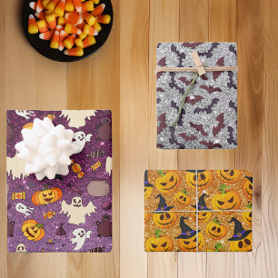 Hoja De Papel De Regalo Purpurina de Halloween Aspecto Fantasmas Calabazas
