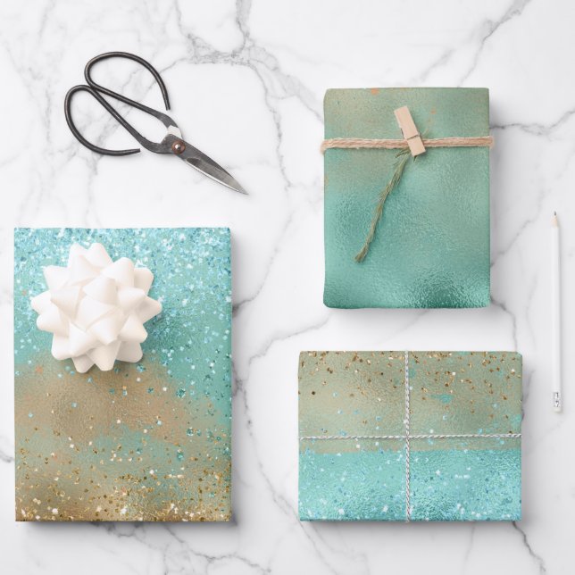 Hoja De Papel De Regalo Purpurina de oro Aqua Glitz (Anverso)
