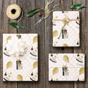 Hoja De Papel De Regalo Purpurina de oro Globos y Gorras Fiestas Niños Cum