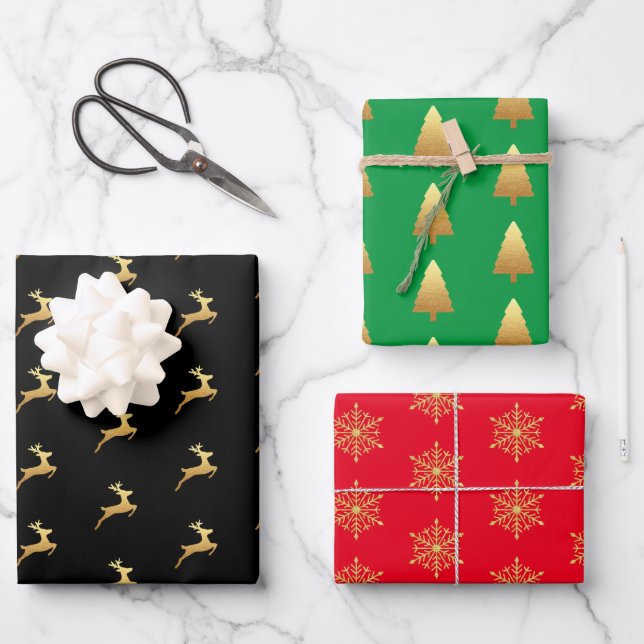 Hoja De Papel De Regalo Purpurina de oro Pine Tree Reindeer Snowflakes Fes (Anverso)