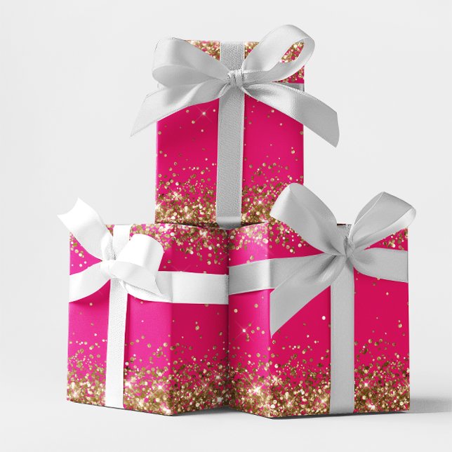 Hoja De Papel De Regalo Purpurina de oro y rosa caliente (Gold Glitter and Hot Pink Wrapping Paper Sheets)