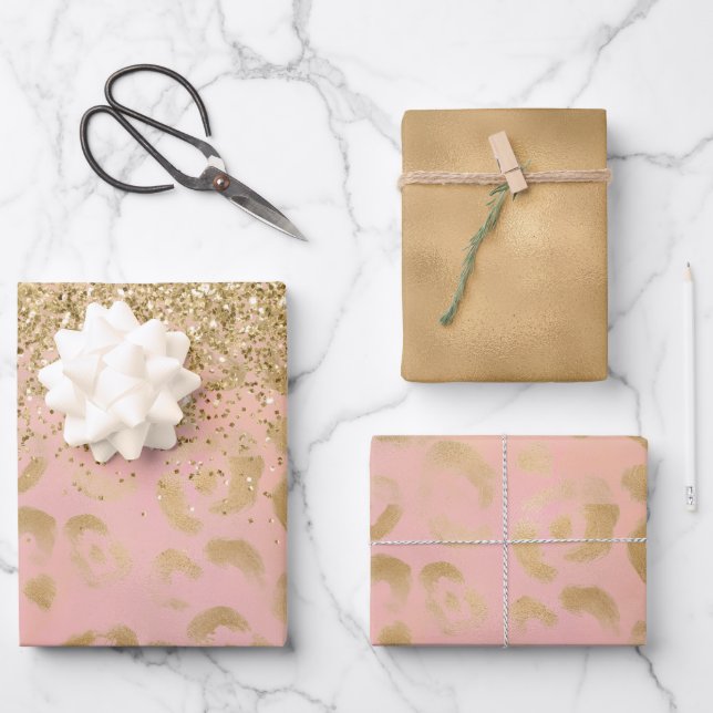 Hoja De Papel De Regalo Purpurina del Leopardo de oro Girly Peach (Anverso)