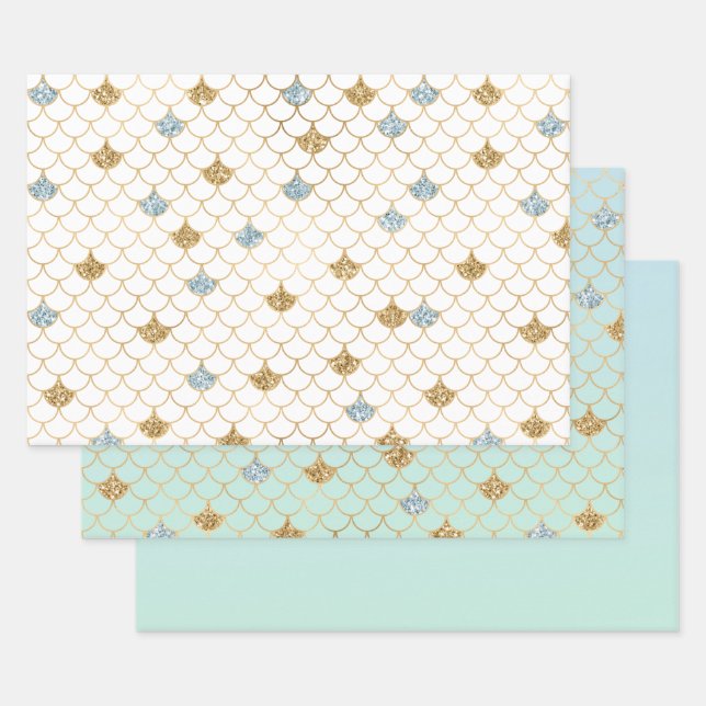 Hoja De Papel De Regalo Purpurina Glitzy Mermaid Blue Gold Sparkle (Set)