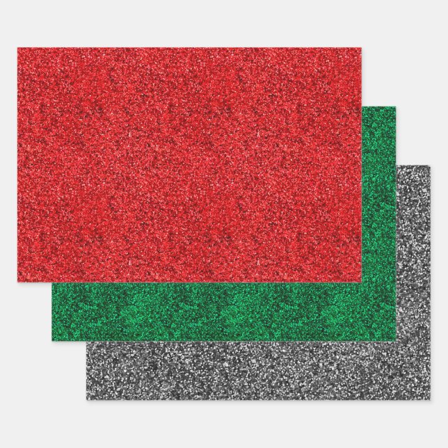 Hoja De Papel De Regalo Purpurina Navidad rojo, verde y plateado (Set)
