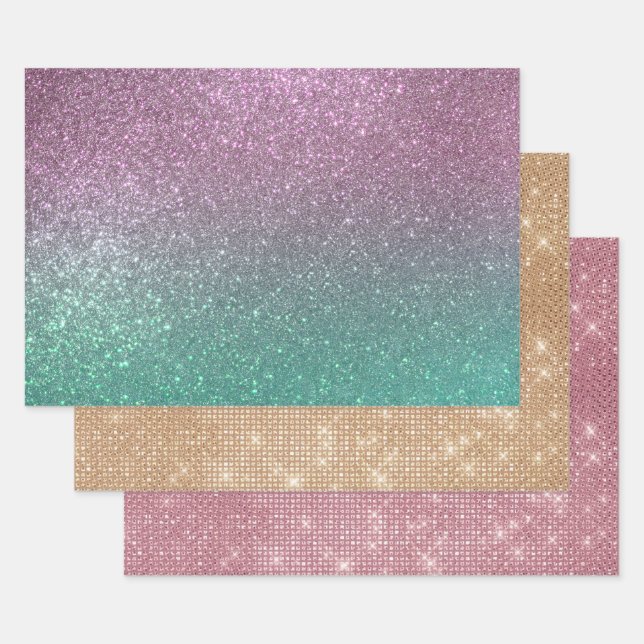 Hoja De Papel De Regalo Purpurina Ombre De Parking Verde Rosa De Sirena (Set)