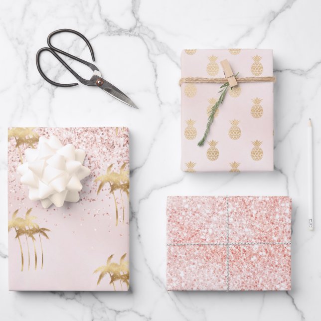 Hoja De Papel De Regalo Purpurina Ombre Rosa De Palmeras De Oro     (Anverso)