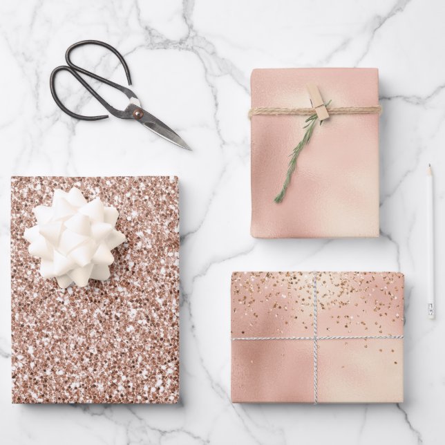 Hoja De Papel De Regalo Purpurina Peach Rosa Gold Luxe (Anverso)