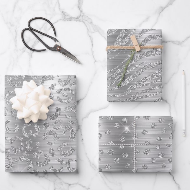 Hoja De Papel De Regalo Purpurina Plata Elegante Patrón animal de gato gra (Anverso)