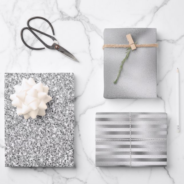 Hoja De Papel De Regalo Purpurina plateado Glitz          (Anverso)