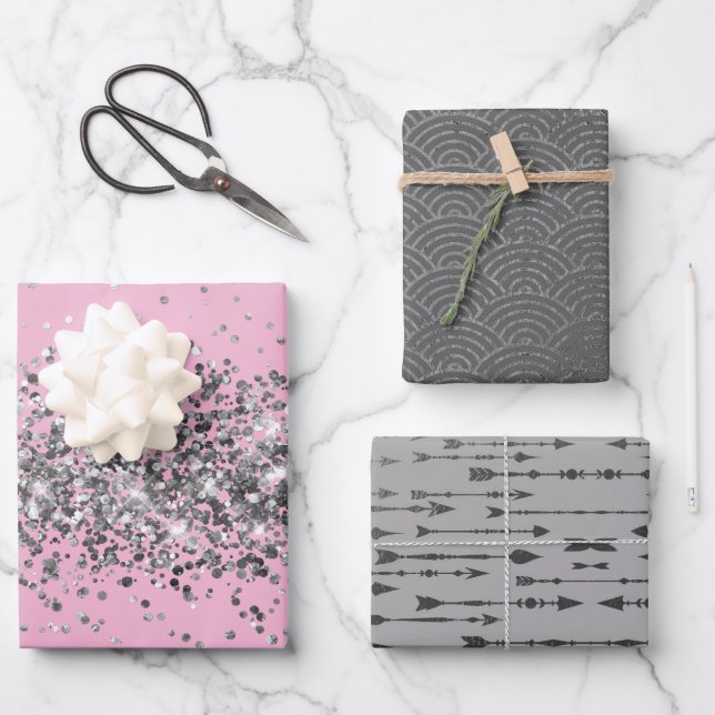 Hoja De Papel De Regalo Purpurina plateado rosado de flecha plateada Arcos (Anverso)