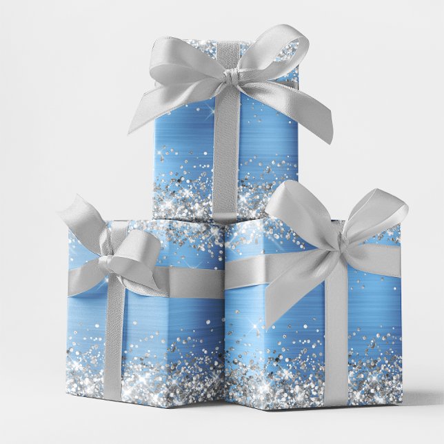 Hoja De Papel De Regalo Purpurina plateado y Relieve metalizado Ombre azul (Silver Glitter and Light Blue Ombre Foil Wrapping Paper Sheets)