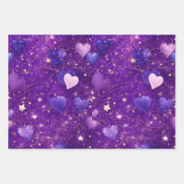 Hoja De Papel De Regalo purpurina púrpura con corazones y estrellas