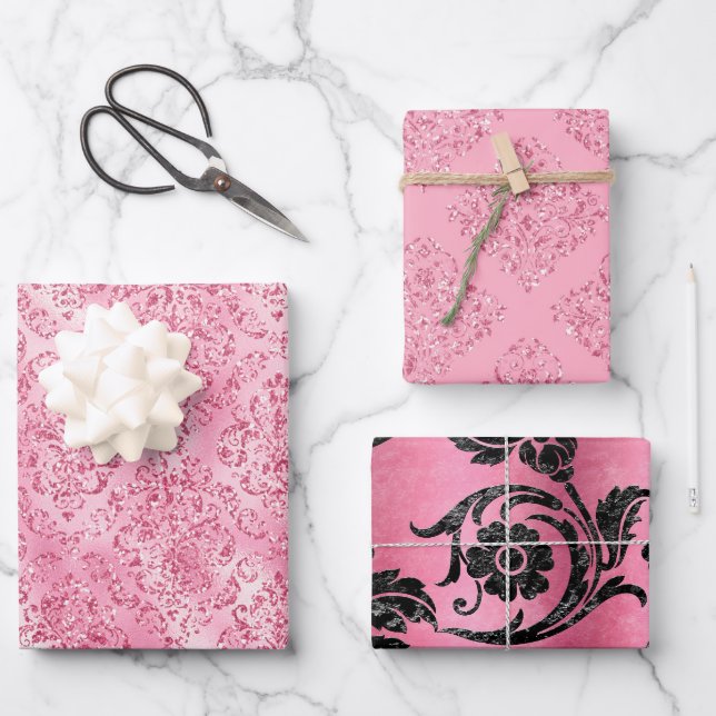 Hoja De Papel De Regalo Purpurina rosa bonito Damask Glam Gift (Anverso)