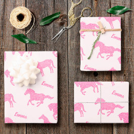 Hoja De Papel De Regalo Purpurina rosa Chica de patrón de caballo nombre c