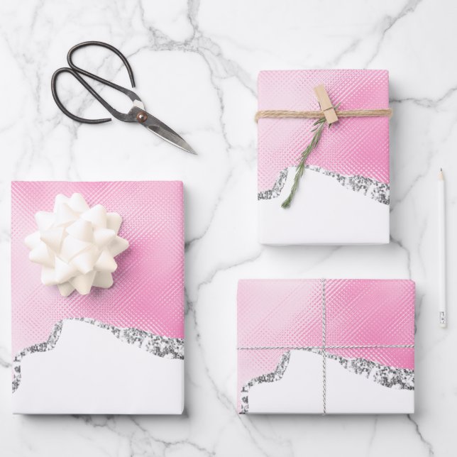 Hoja De Papel De Regalo Purpurina Rosa y Plata Faux Borde elegante (Anverso)