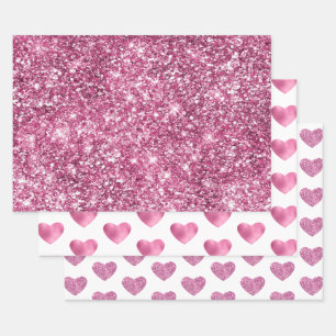 Hoja De Papel De Regalo Purpurina rosado Glam Heart Birthday