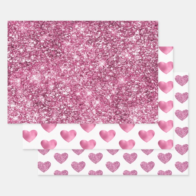 Hoja De Papel De Regalo Purpurina rosado Glam Heart Birthday (Set)