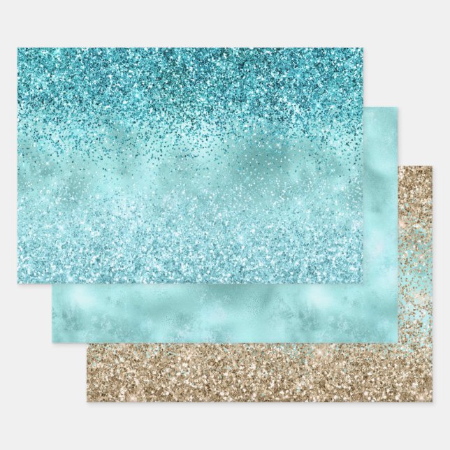 Hoja De Papel De Regalo Purpurina Turquoise Aqua Gold Glam (Set)