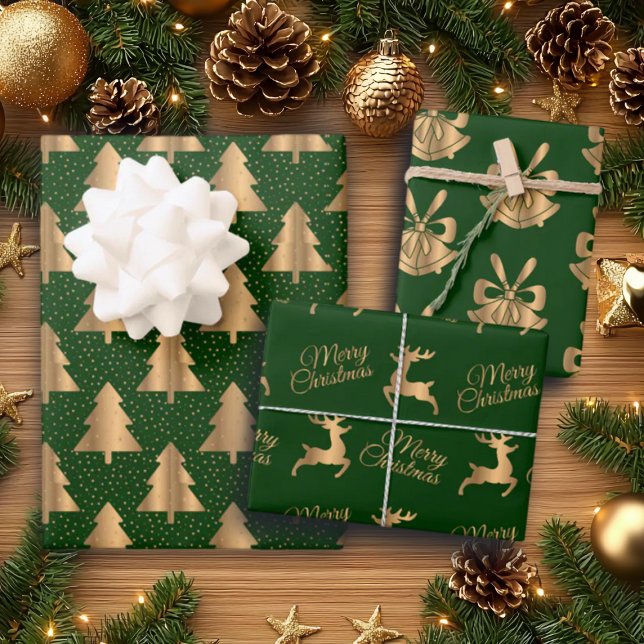 Hoja De Papel De Regalo Purpurinas de oro verde Navidades campanas y renos (Subido por el creador)