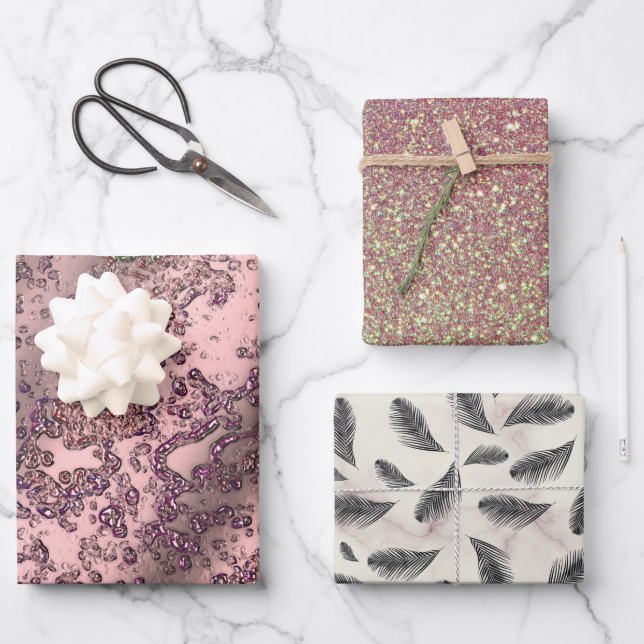 Hoja De Papel De Regalo Purpurinoso rosado de Rubor, plumas de mármol (Anverso)