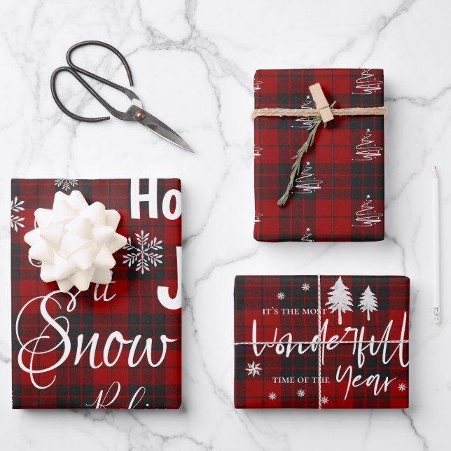 Hoja De Papel De Regalo Que Nieva Red Plaid Merry Christmas Cita Regalo (Anverso)