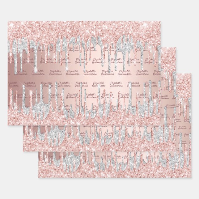 Hoja De Papel De Regalo Quinceanera rosa purpurina oro gotea plata rosa (Set)