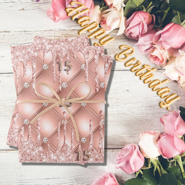 Hoja De Papel De Regalo Quinceanera rose gold glitter drips pink luxury (Subido por el creador)