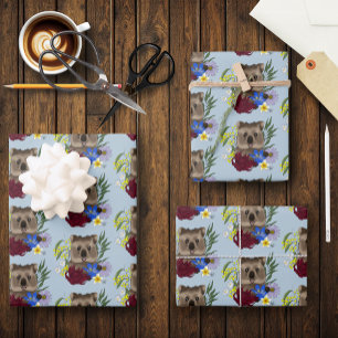 Hoja De Papel De Regalo Quokka Feliz Australia Floral Azul