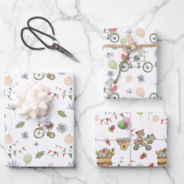 Hoja De Papel De Regalo Rabbit Bear And Mouse On A Bike With Balloons
