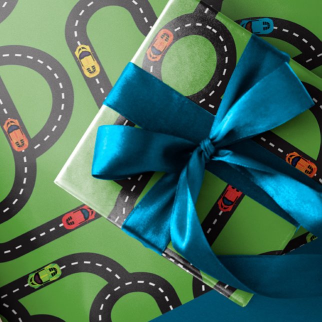 Hoja De Papel De Regalo Race Track Boys Birthday Green (Subido por el creador)