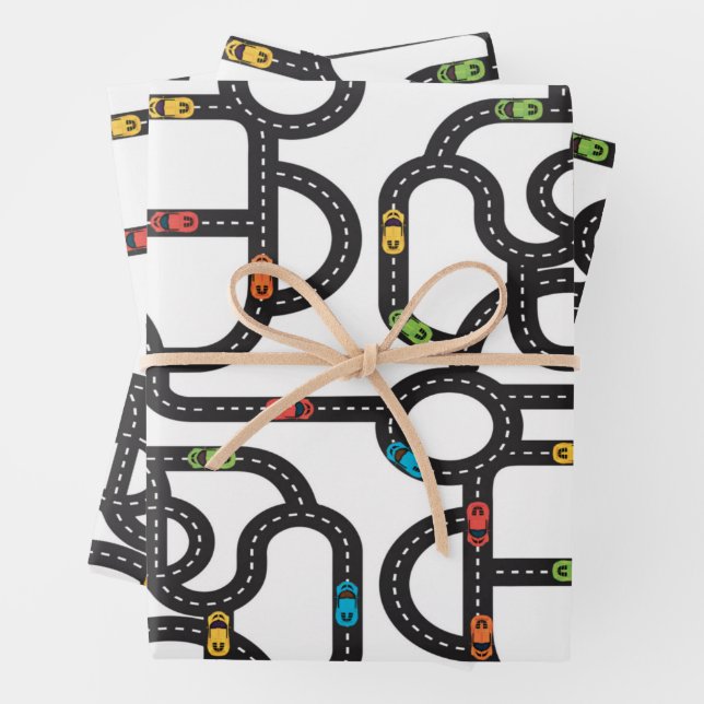 Hoja De Papel De Regalo Race Track Boys Birthday White (In situ)