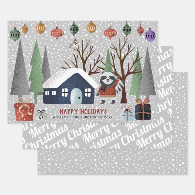 Hoja De Papel De Regalo Racoon de invierno, Feliz Navidad y copos de nieve (Set)