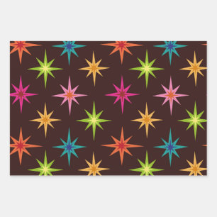 Hoja De Papel De Regalo Ráfagas de estrellas atómicas funky y coloridas de