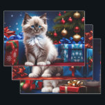 Hoja De Papel De Regalo Ragdoll Kitten Christmas Present<br><div class="desc">Gatito de ragdoll con arco azul Ai Generated Art de minx267</div>