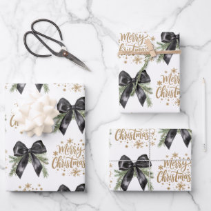 Hoja De Papel De Regalo Rama de árbol de pino Black Bow Gold Merry Christm
