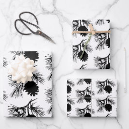 Hoja De Papel De Regalo Rama Y Cono De Pino Blanco Y Negro