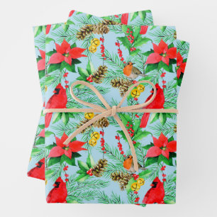 Hoja De Papel De Regalo Ramas de abeto poinsettia conos cardenales robin