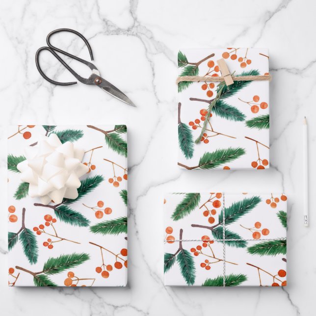 Hoja De Papel De Regalo Ramas de acuarela e invierno de Berries  (Anverso)