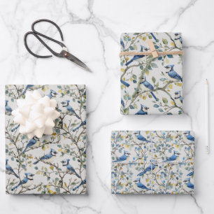 Hoja De Papel De Regalo Ramas de aves Blue Jays y flores