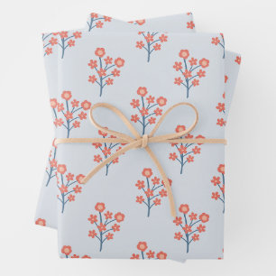 Hoja De Papel De Regalo Ramas de Flor de Coral sobre Patrón Azul Brumoso