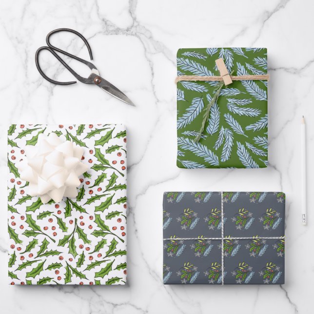 Hoja De Papel De Regalo Ramas de invierno esbozadas Holly y Spruce (Anverso)