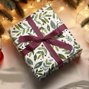 Hoja De Papel De Regalo Ramas y bayas estacionales de las acuarelas verdes