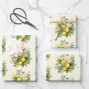 Hoja De Papel De Regalo Ramo de limón con patrón de flores blancas