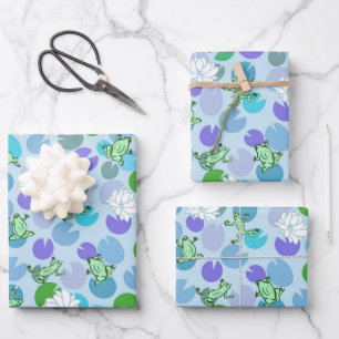 Hoja De Papel De Regalo Ranas verdes caprichosas y toallitas de lirios en 