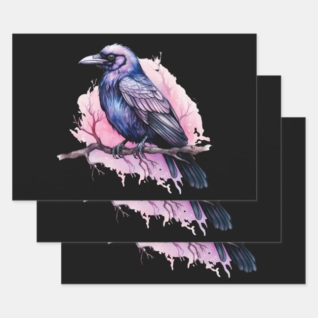 Hoja De Papel De Regalo Raven negro en un Ilustracion de sucursal (Set)