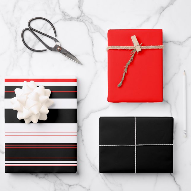 Hoja De Papel De Regalo Rayas blancas rojas y negras (Anverso)