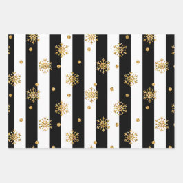 Hoja De Papel De Regalo Rayas blancas y negras con toques de oro