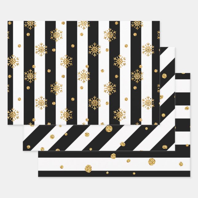 Hoja De Papel De Regalo Rayas blancas y negras con toques de oro (Set)