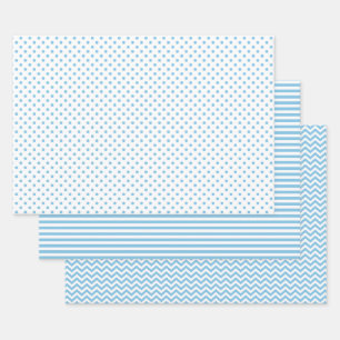 Hoja De Papel De Regalo Rayas claras azules y blancas Puntos Chevron Polka